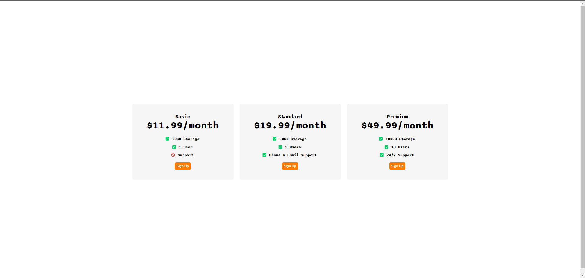 pricing plan mock